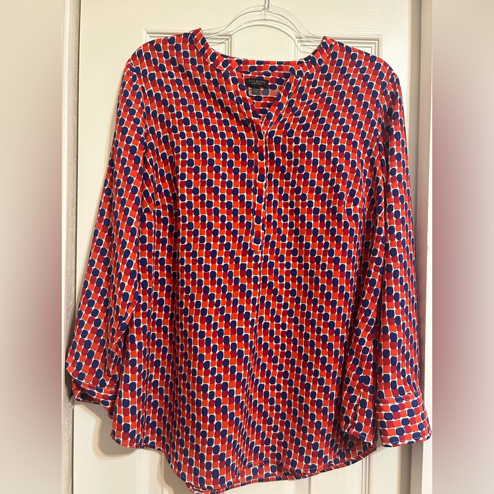 Talbots Women's Red and Blue Geometric Blouse 1Xp